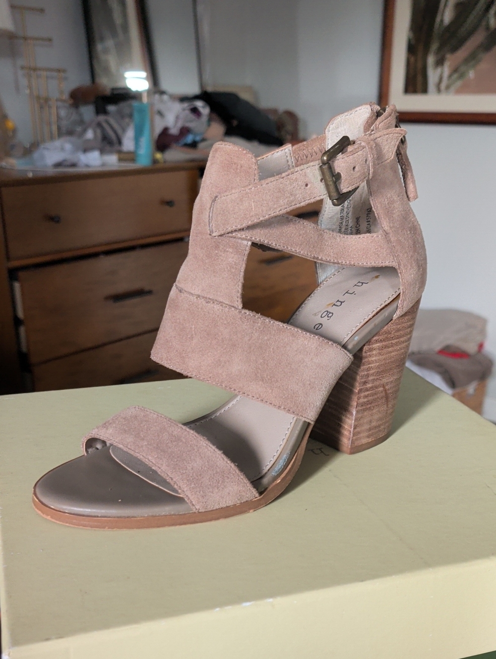 Hinge Taupe Suede Block Heel Sandals